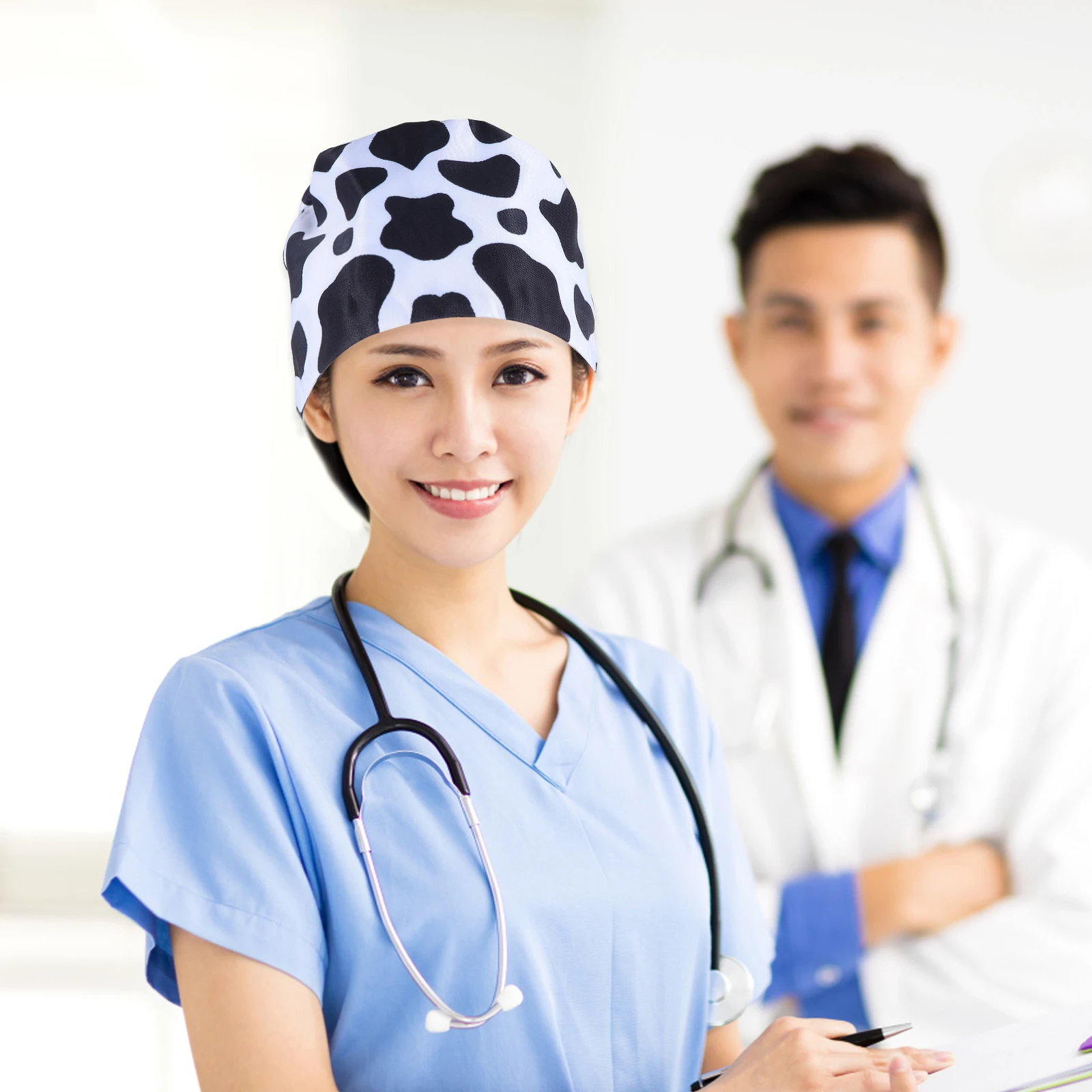 

1 шт., шляпа медсестры с коровьим принтом, регулируемая дышащая полиэстеровая кепка с начесом хирурга, повязка на спине, рабочая шапка унисекс для мужчин и женщин
