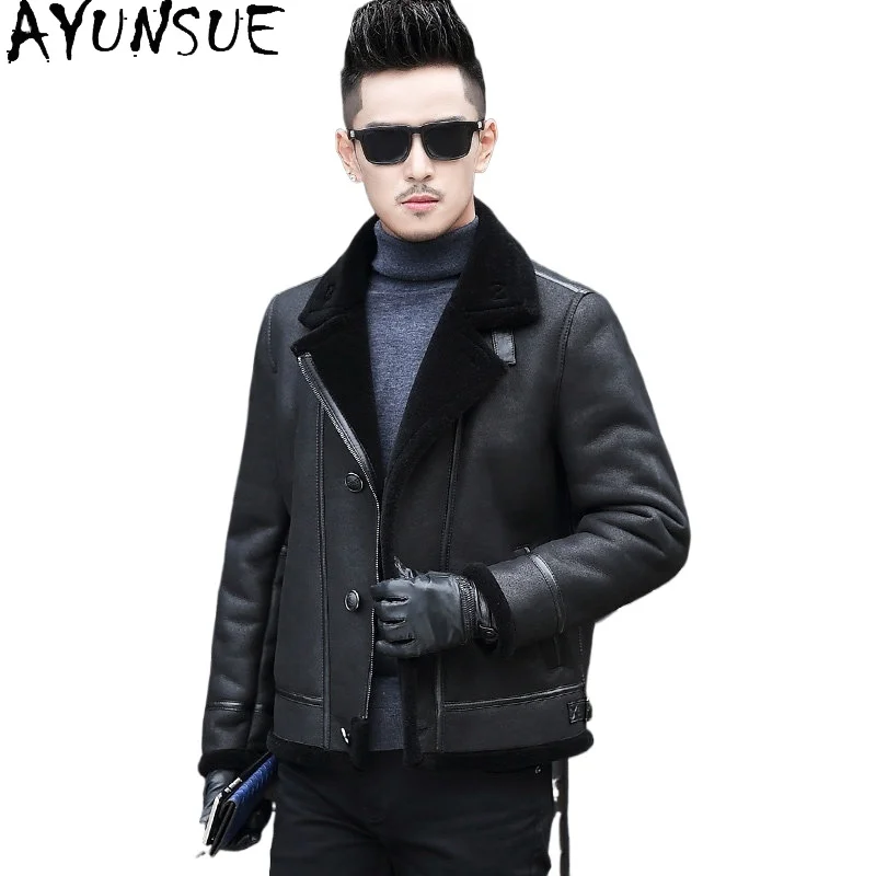 AYUNSUE High Quality Real Fur Coat Man Winter Genuine Sheepskin Leather Jacket Men Short Warm Lamb Fur Coats Korean Style Slim