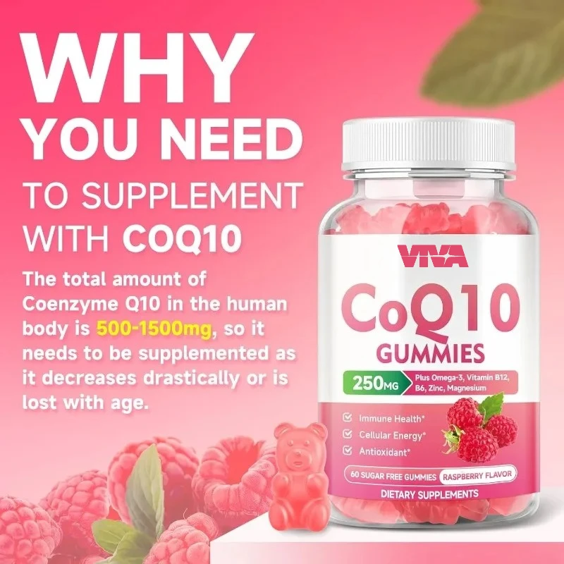 250mg sugar free Coenzyme Q10 gummies, containing Coenzyme Q10 Omega-3, Vitamin B6 and Zinc, cellular energy antioxidant support