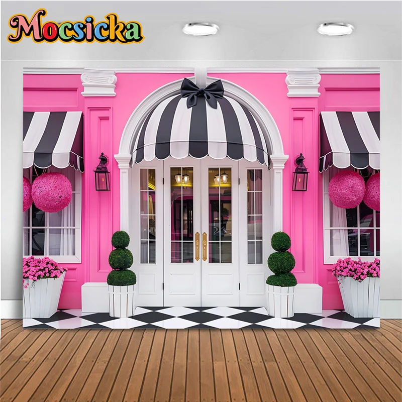 Pink House Backdrop For Photography White Gate Flower Shop Wedding Background Birthday Party Decoration Poster Photobooth Props