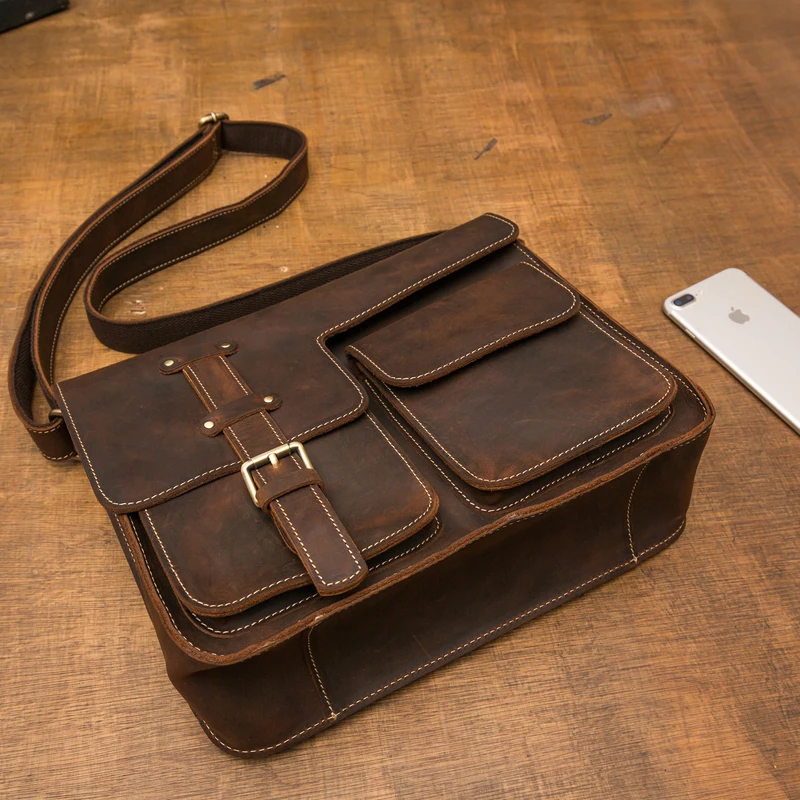 Handgemachte Vintage Echt leder Umhängetasche Männer Retro Büro Laptop tasche Rindsleder Business Umhängetasche männliche Aktentasche