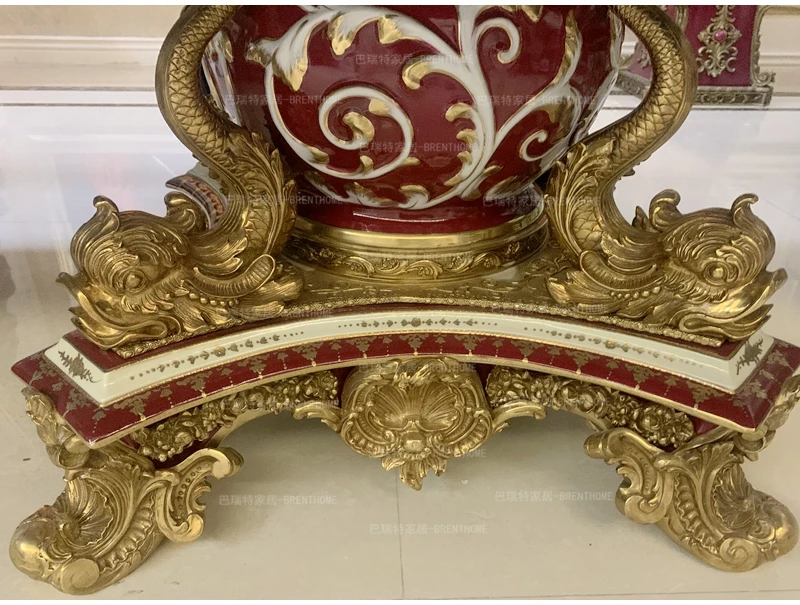 Restaurant furniture European carving metal all-copper ceramic painting 2.8 meters long dining table red ceramic villa mansion