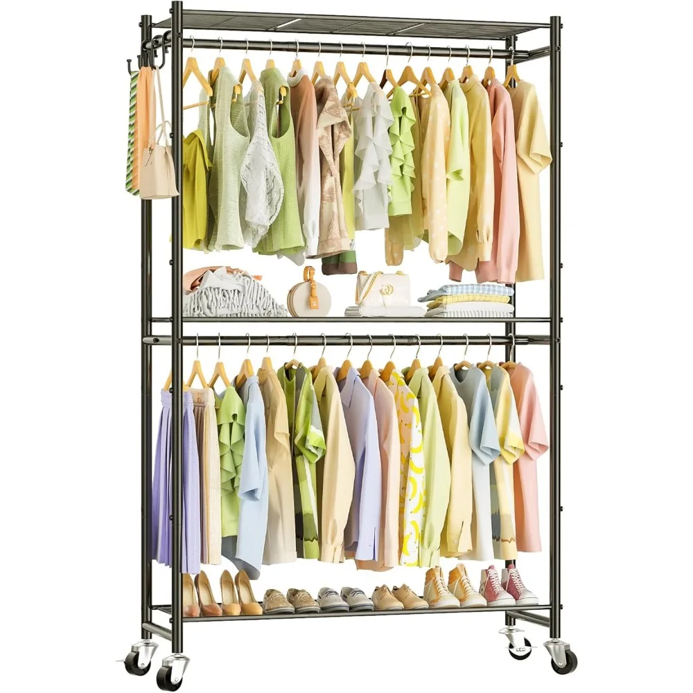 Rack de roupas rolante para pendurar roupas, rack de roupas com capacidade de 300 libras com hastes duplas e 3 prateleiras de arame, guarda-roupa de pano