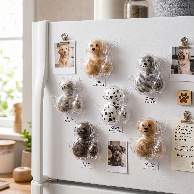 Transparent Pet Fur Keepsake Container Cat Shaped Fridge Magnet with Strong Magnetic Back for Hair Storage Memorial Home Decor