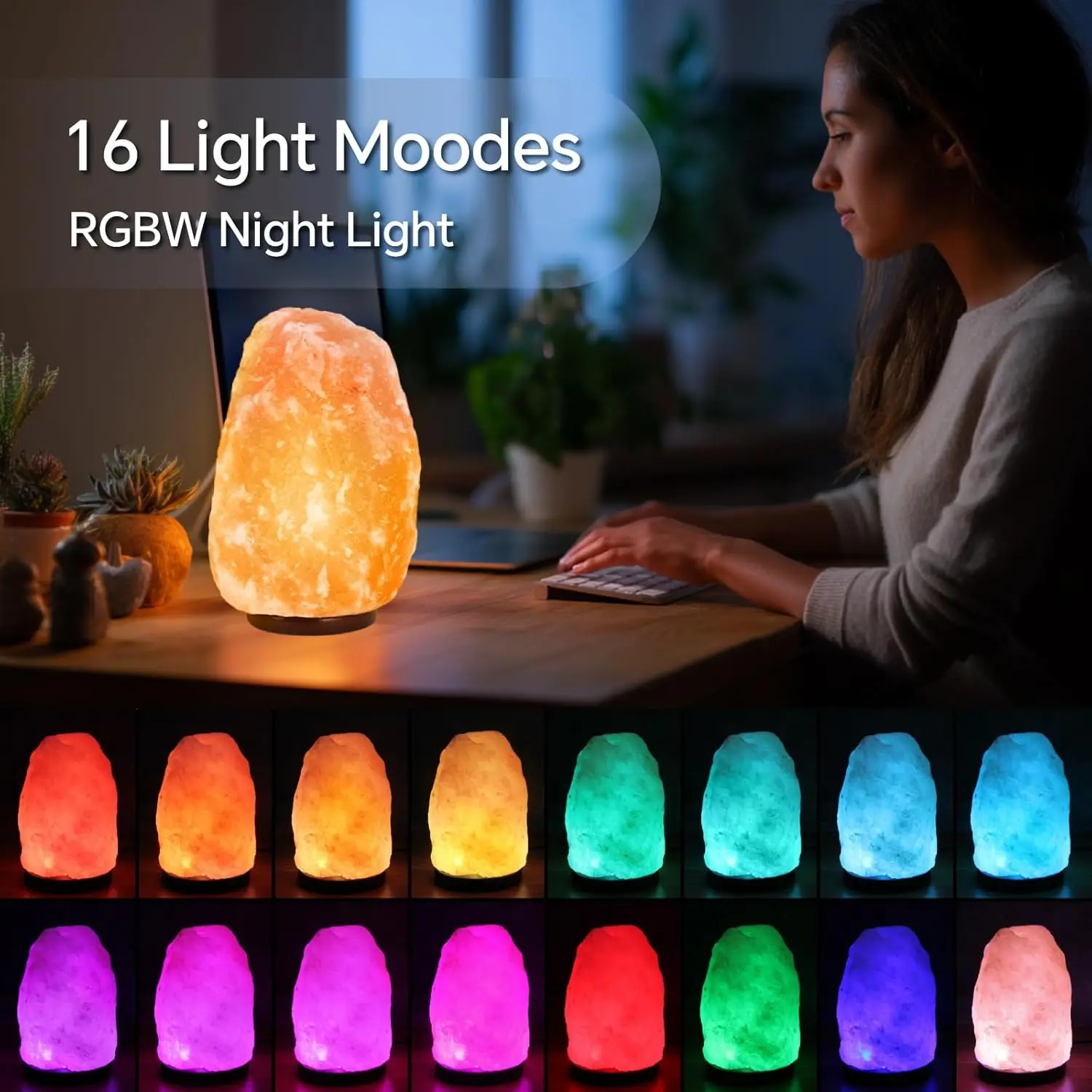 Grande lampada di sale rosa naturale con telecomando, 16 LED che cambiano colore, luce notturna alimentata tramite USB per la decorazione domestica