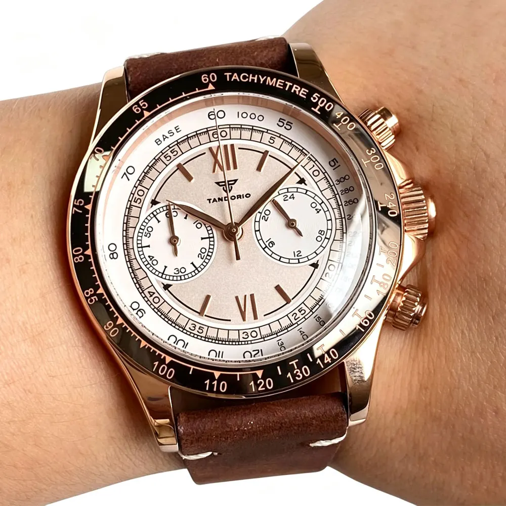 Tandorio 39mm Rose Gold/Silver Stainless Steel Sapphire Miyota OS21 Multi-functional Chronograph Quartz Watch Men Sport Clock