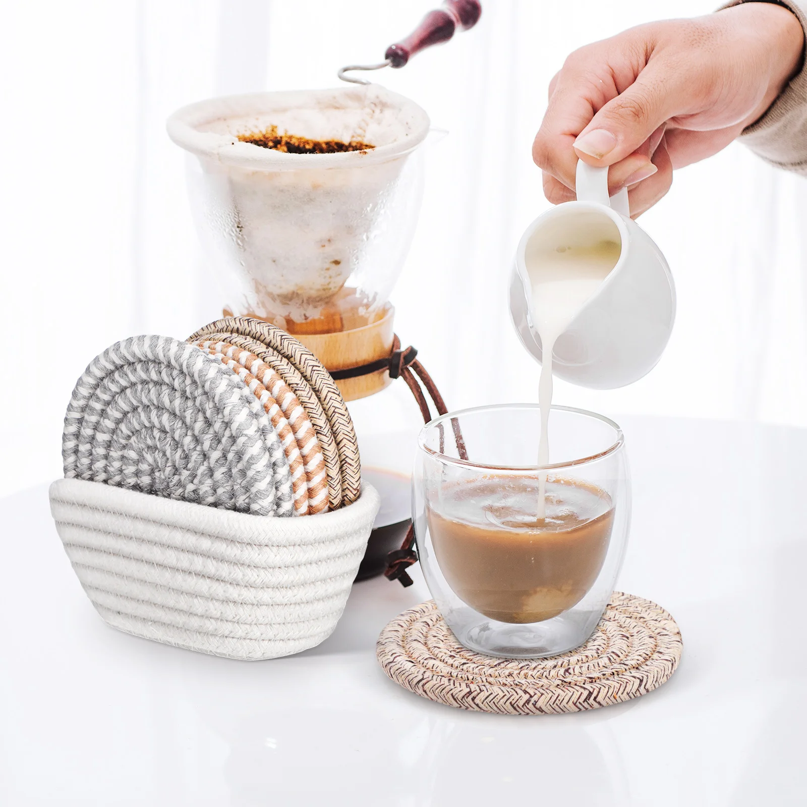 

1 Set Rope Woven Boho Absorbent Cotton Cup Coasters Insulated Table Placemats For Home Office Decor With Holder Woven Cotton