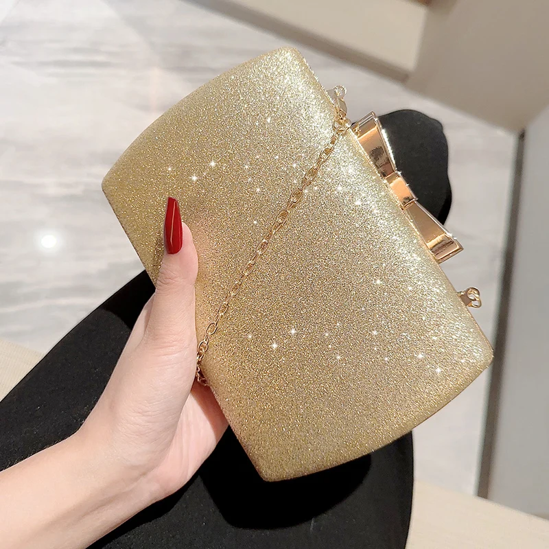 Women Luxury Banquet Evening Clutch Bag Ladies New Handbags With Bow Decoration Fashion Wedding Party Gold Shining Bags XA21ZD