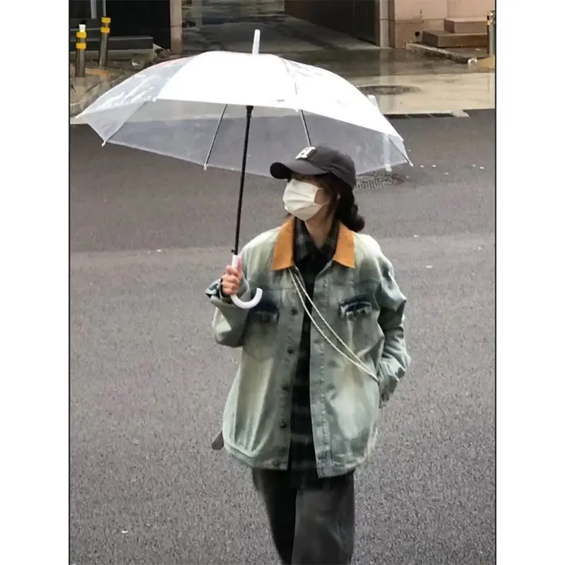 

Women Denim Coat 2025 Streetwear Jackets Washed Distressed Pockets Turn Down Collar Single Breasted Female Vintage Outerwear