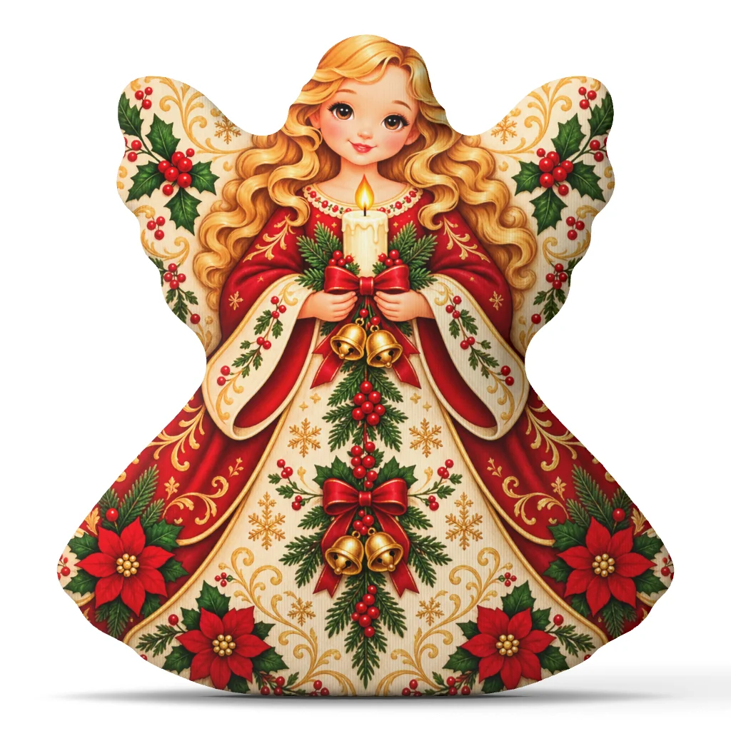 Christmas Angel Shaped Throw Pillow Holiday Candle Cushion Poinsettia Stuffed Decorative Pillow Winter Sofa Home Decor Gift