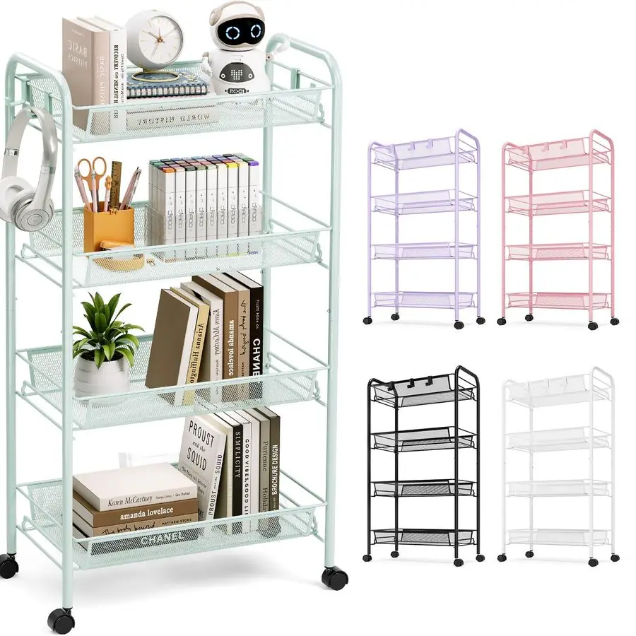 

4Tier Rolling Cart, Metal Utility Cart with 3 Hooks, Easy Assemble Mobile Storage Trolley On Wheels, Metal Shelving Units Kitche