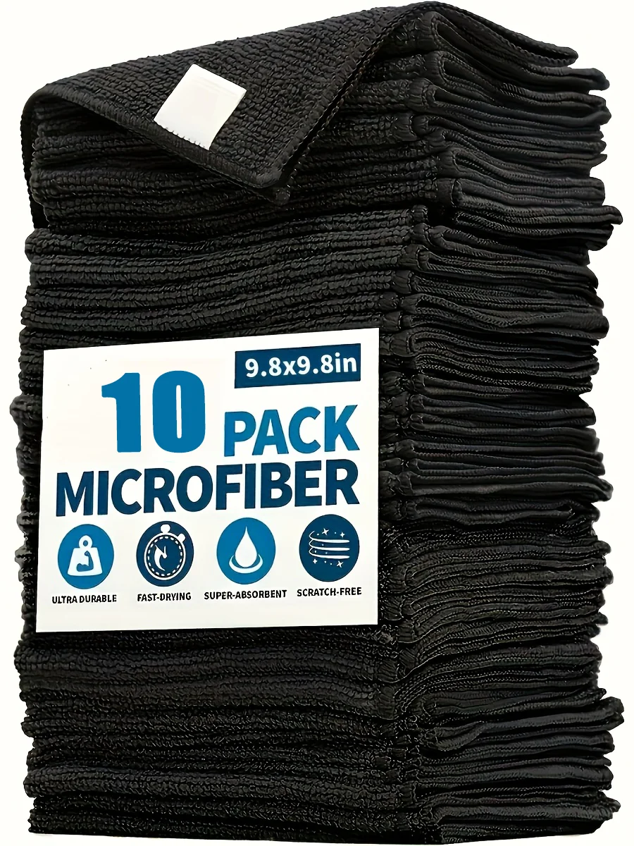 Paquete de 10 Paños de Limpieza de Microfibra, 9.8x9.8 Pulgadas, Súper Absorbentes y Sin Pelusas, Fibras Anti-Pelusa Resistentes, para Cocina, Auto, Vidrio