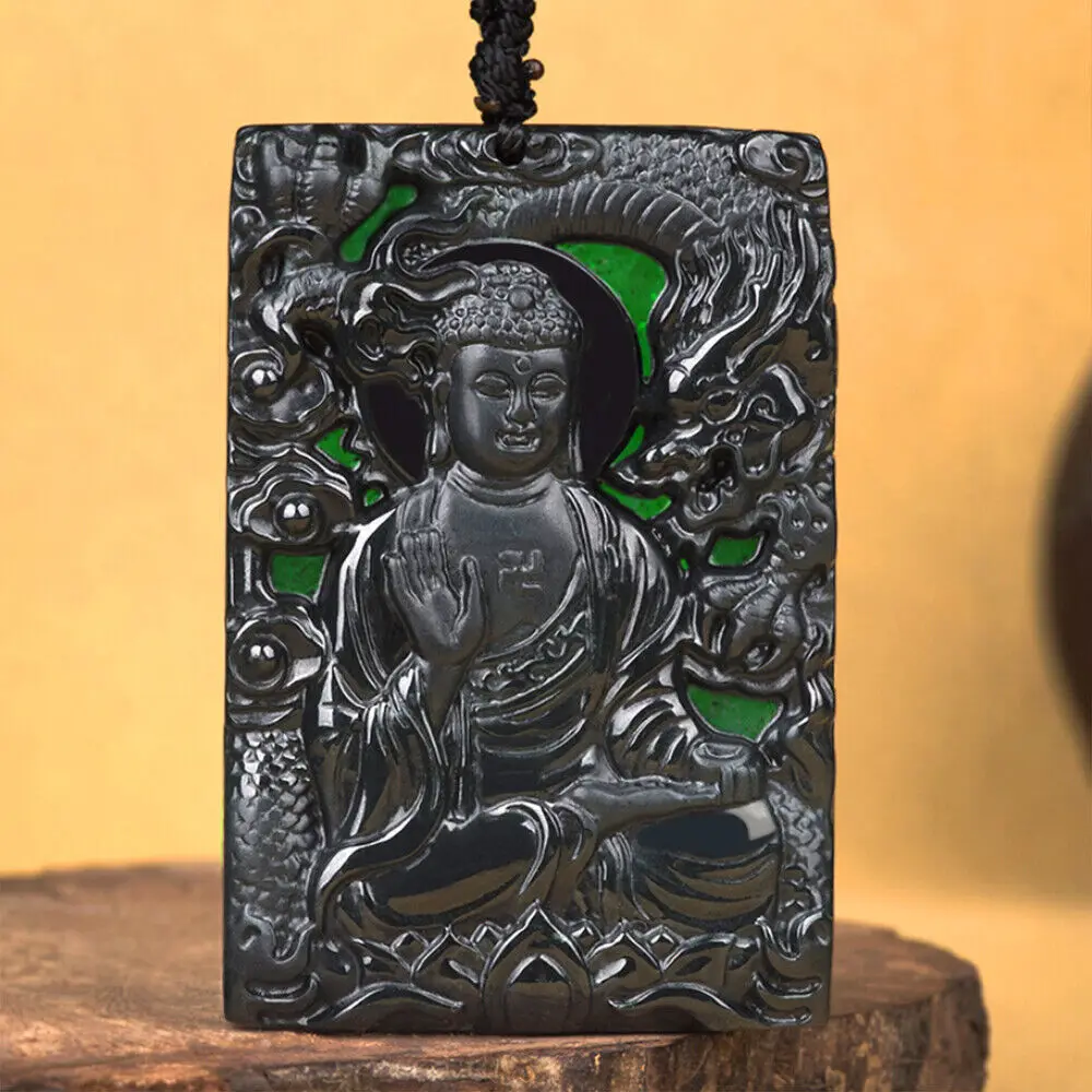 

Grade A Natural Black Green Jade Jadeite Pendant Carved Dragon Buddha Lotus