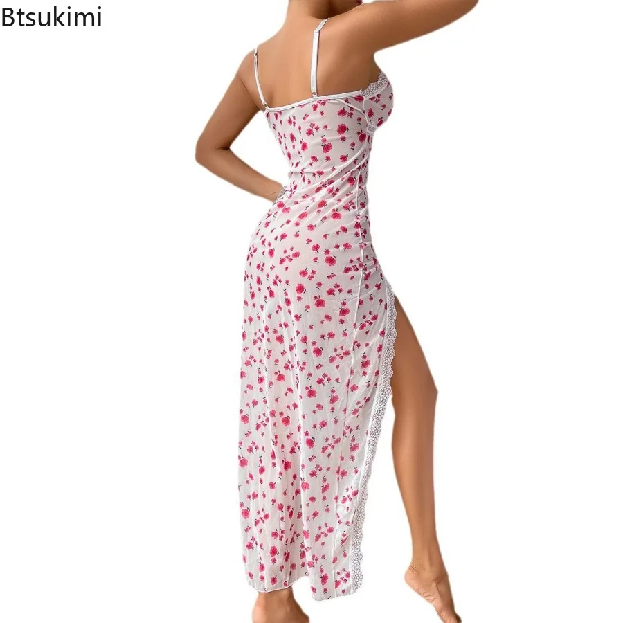 2025 Women's Summer Sexy Leopard Print Nightgown Satin V-Neck Lace Trim Dress Hight Side Slit Contrast Lace Nightgown for Women