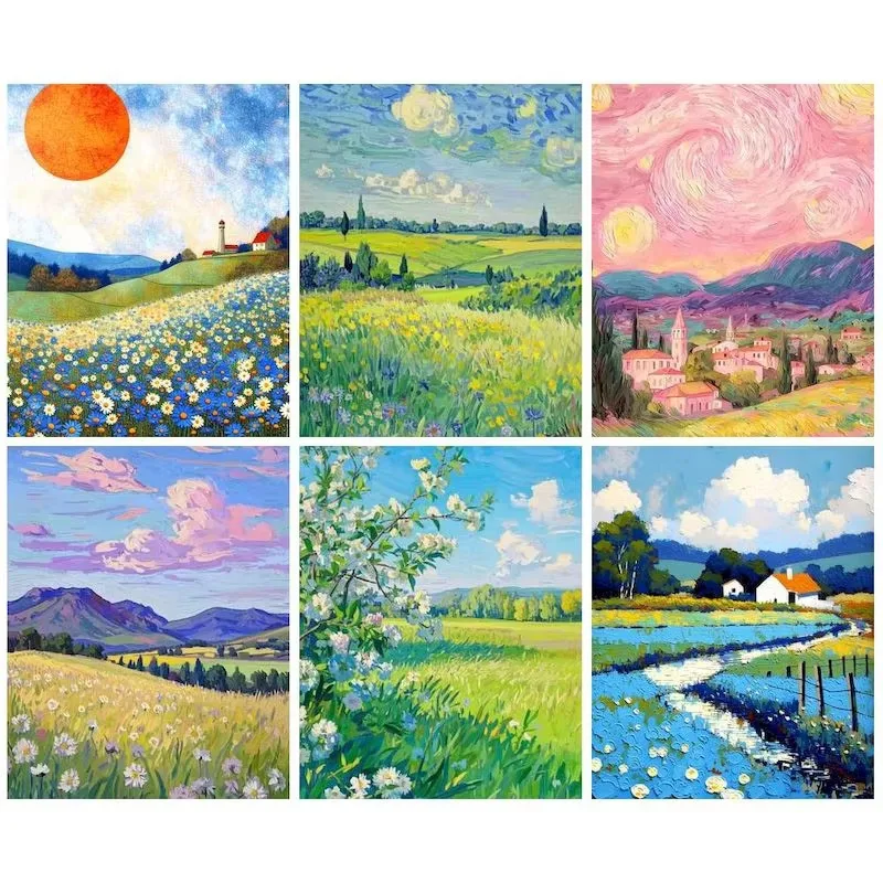 DIY Diamond Painting Van Gogh Style Country Meadow Daisy Floral Mountain Landscape Collection, Ideal Handmade Gift Home Decor