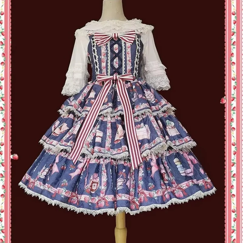 2026 New Sweet Cute Vintage Layered Lolita JSK Dress,Strawberry Print Sleeveless Dress for Tea Cosplay Harajuku Gothic Women