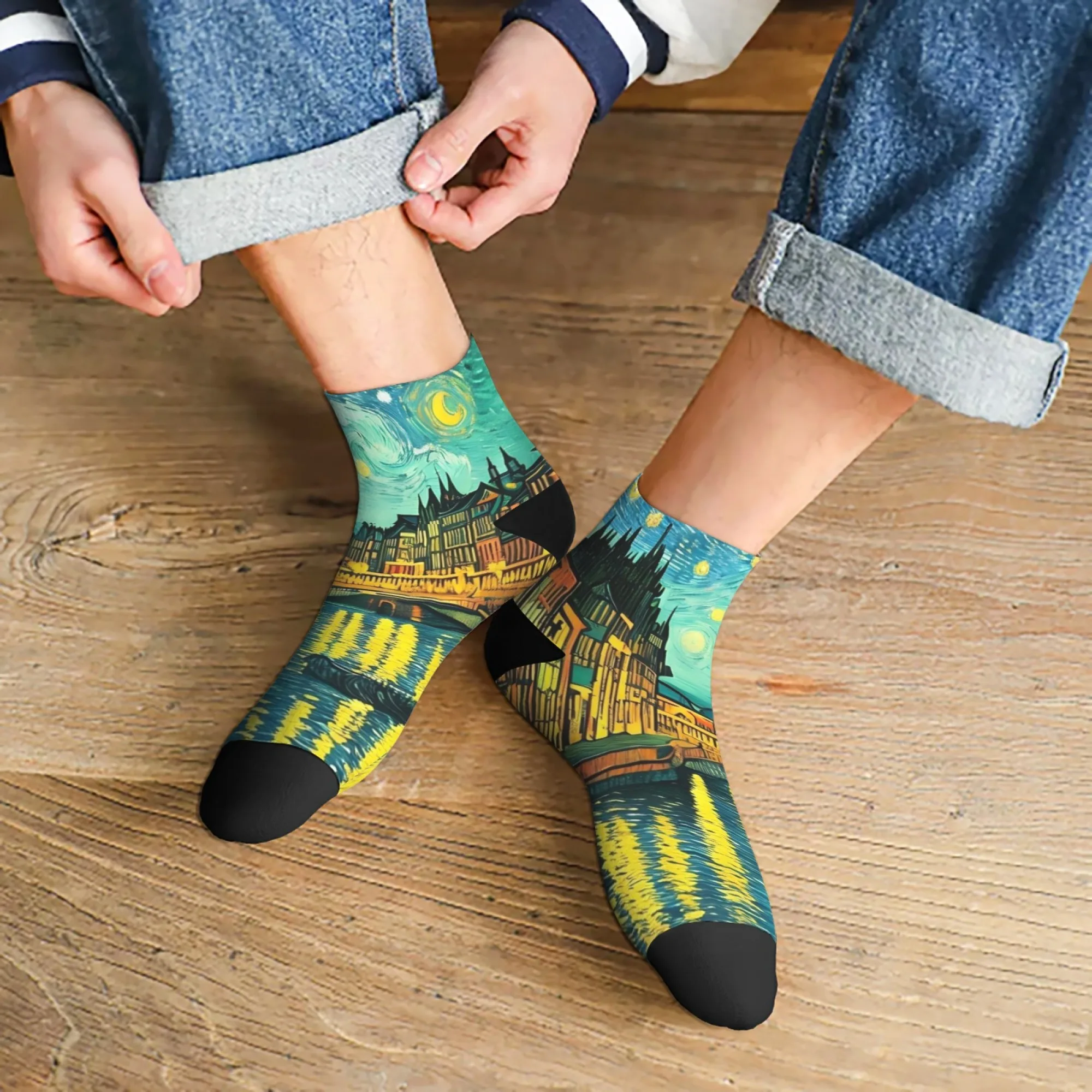 Wearable Van Gogh Style Socks，“Starry Night” & Riverside Cityscape Design ，Art - Inspired Fashion，Gallery Visits & Daily Life
