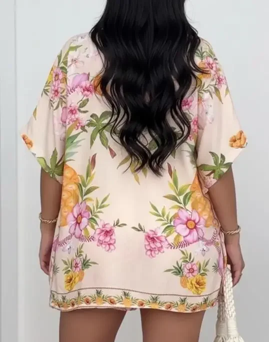 

2 Pieces Outfit Open Front Side Slit Cardigan & Elastic Waist Tie Front Shorts Set Casual Floral & Pineapple Print Vacation Set