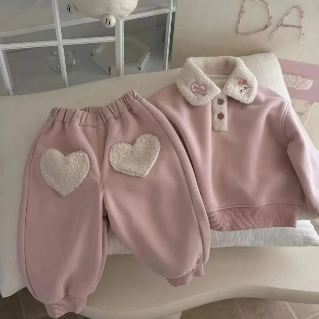 طقم بناتي خريفي شتوي على الطراز الكوري، سترة مبطنة بالصوف مع ياقة مطرزة وبنطلون من قماش الفرو الناعم، طقم من قطعتين #3