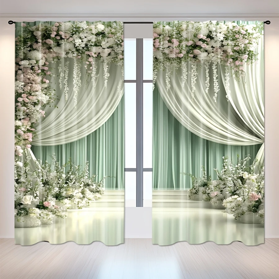 2PCS Digital Printed Curtains, French Flower Cluster Pattern, Beautiful Window Drapes for Living Room Bedroom Home Decor