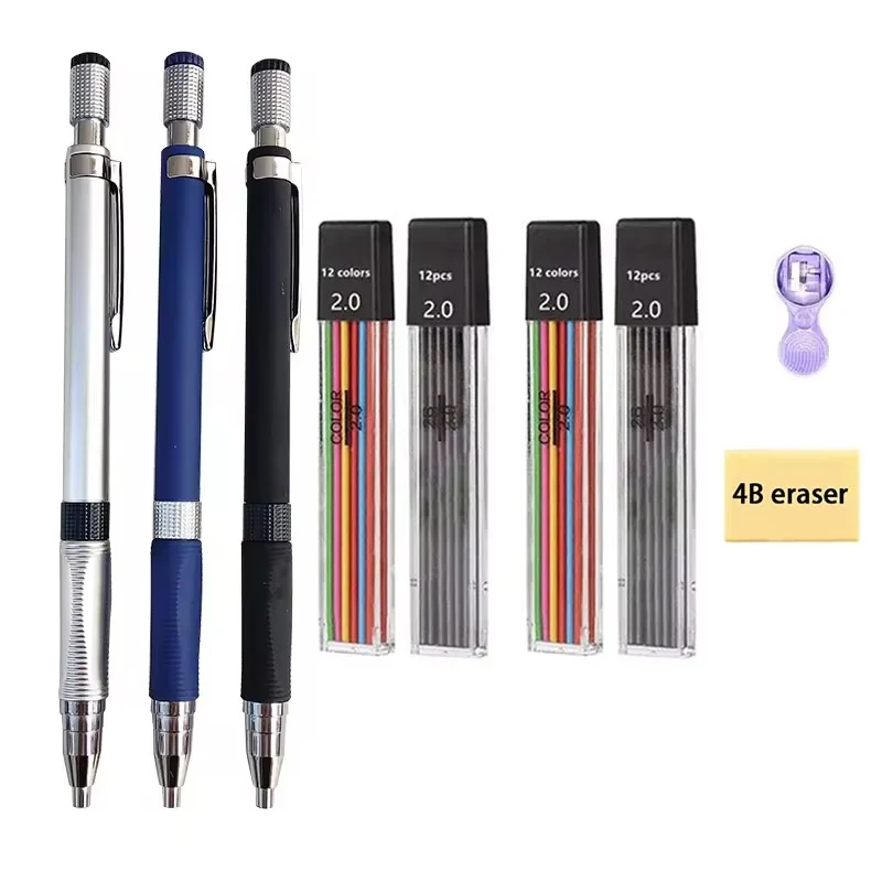 Mechanical Pencil Set 2.0mm With 2B Black/Colors Lead Refill For Writing Sketching Art Drawing Painting School Automatic Pencil