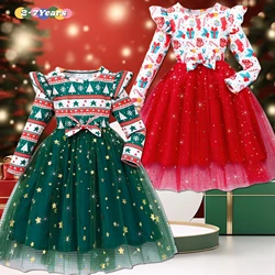 Christmas Kids Girls Dress Spring Autumn Long Sleeve Bow Christmas Style Children Dress Holiday Gifts Soft Cute Girls Clothing