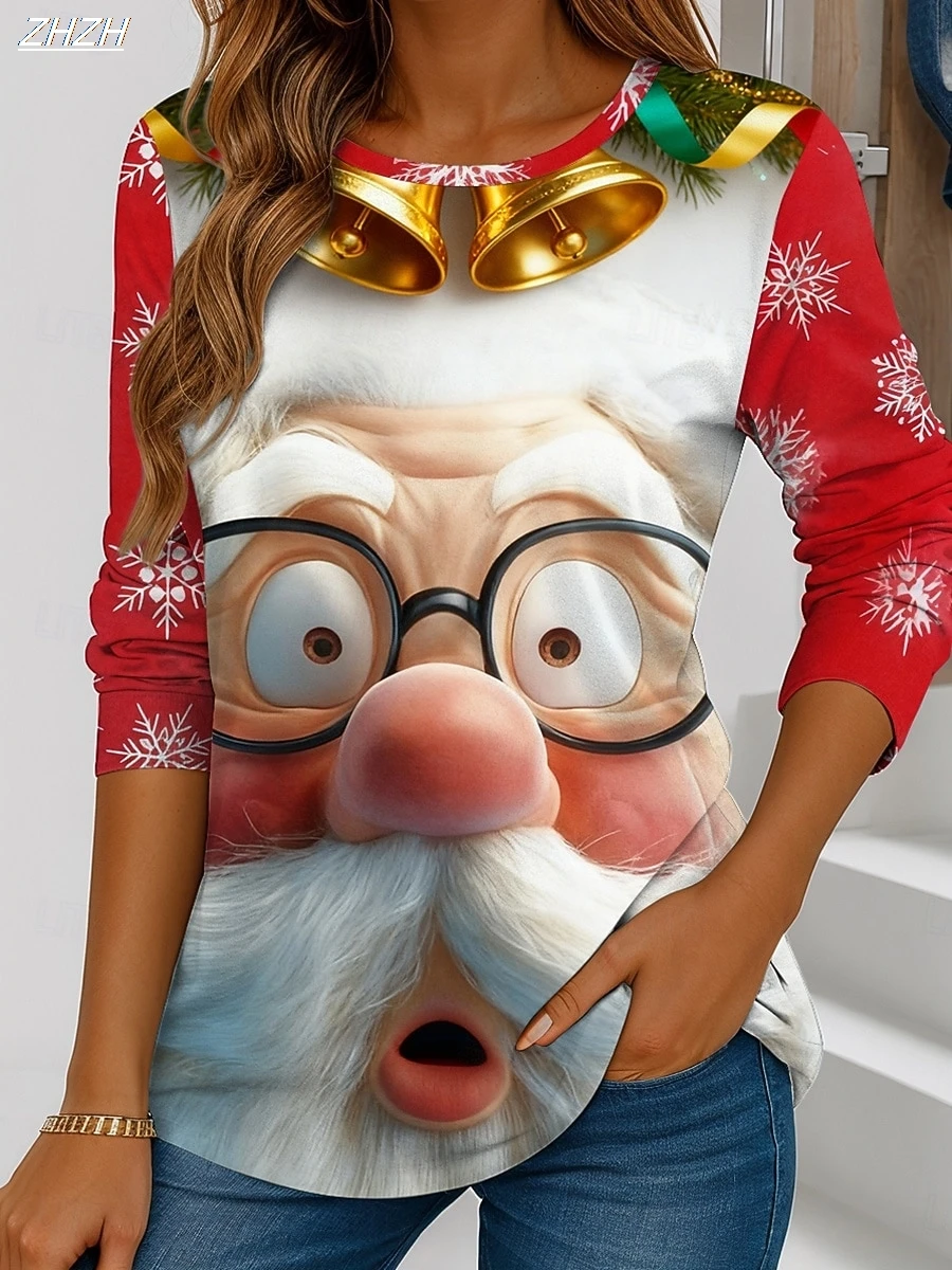 تي شيرت نسائي مطبوع عليه سانتا ندفة الثلج بأكمام طويلة، نمط عطلة احتفالي، ملابس شتوية كاجوال مريحة