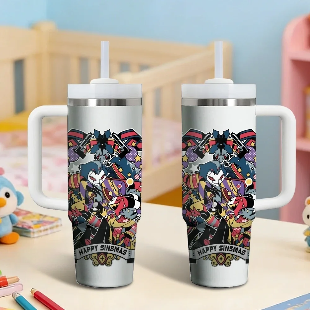 Anime H-Hazbin Hotel Vacuum Flasks 40oz Stainless Steel Insulated Tumbler with Handle & Straw Leakproof Travel Mug
