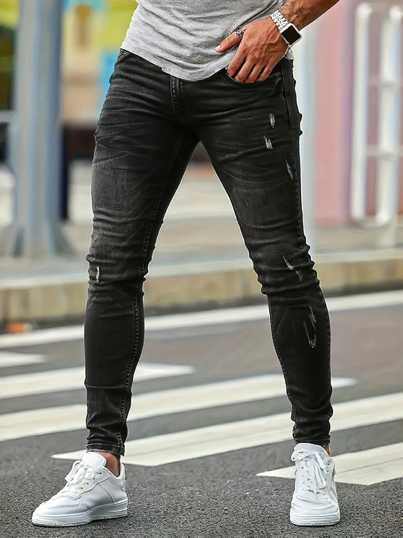 

Мужские черные узкие джинсы с потертостями, с уникальным изношенным дизайном, идеально подходит для формы тела, делает ее просто в cr.