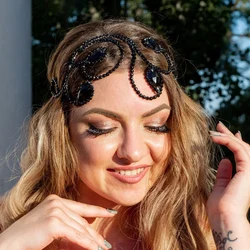 Stonefans Black Crystal Belly Dance Tiara Headpiece Burlesque for Women Fashion Rhinestone Hair Chain Ballroom Forehead Jewelry
