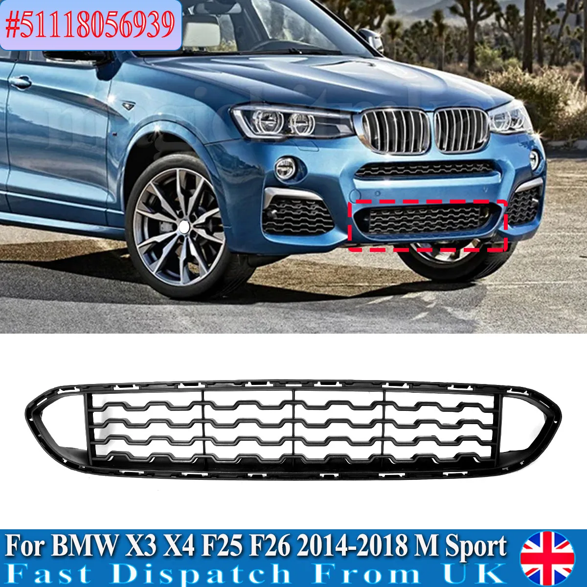 M Sport Front Lower Grille Black 51118056939 Replacement For BMW X3 F25 X4 F26 xDrive28i xDrive35i Racing Grill Air Mesh Grills