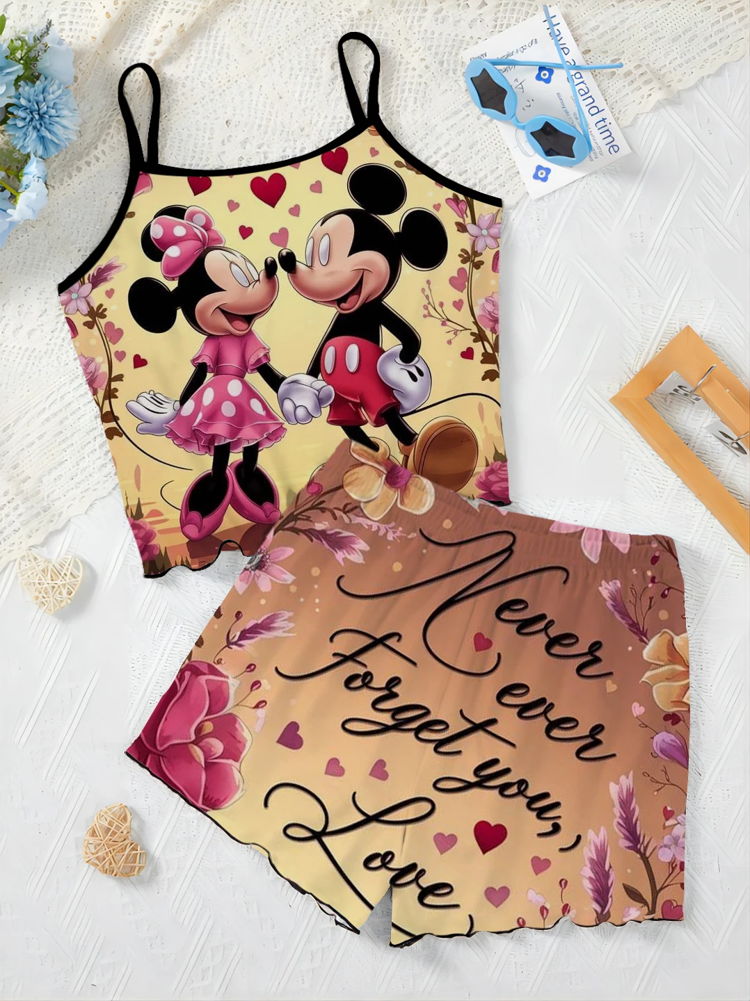 Disney-Ensemble T-shirt et jupe en laitue trempée pour femme, haut court, robe à enfiler, jupe pyjama, élégant, 2 pièces