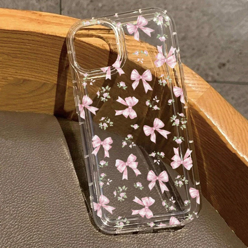 Прозрачный чехол для телефона с розовым бантом и подушкой безопасности для iPhone 17 16 15 Pro Max 14 13 12 11 XS X XR 7 8 Plus 16E 17 Air Shockproof Soft Cover Прозрачный чехол для телефона с розовым бантом и подушкой безопасности для iPhone 17 16 15 Pro Max 14 13 12 11 XS X XR 7 8 Plus 16E 17 Air Shockproof Soft Cover