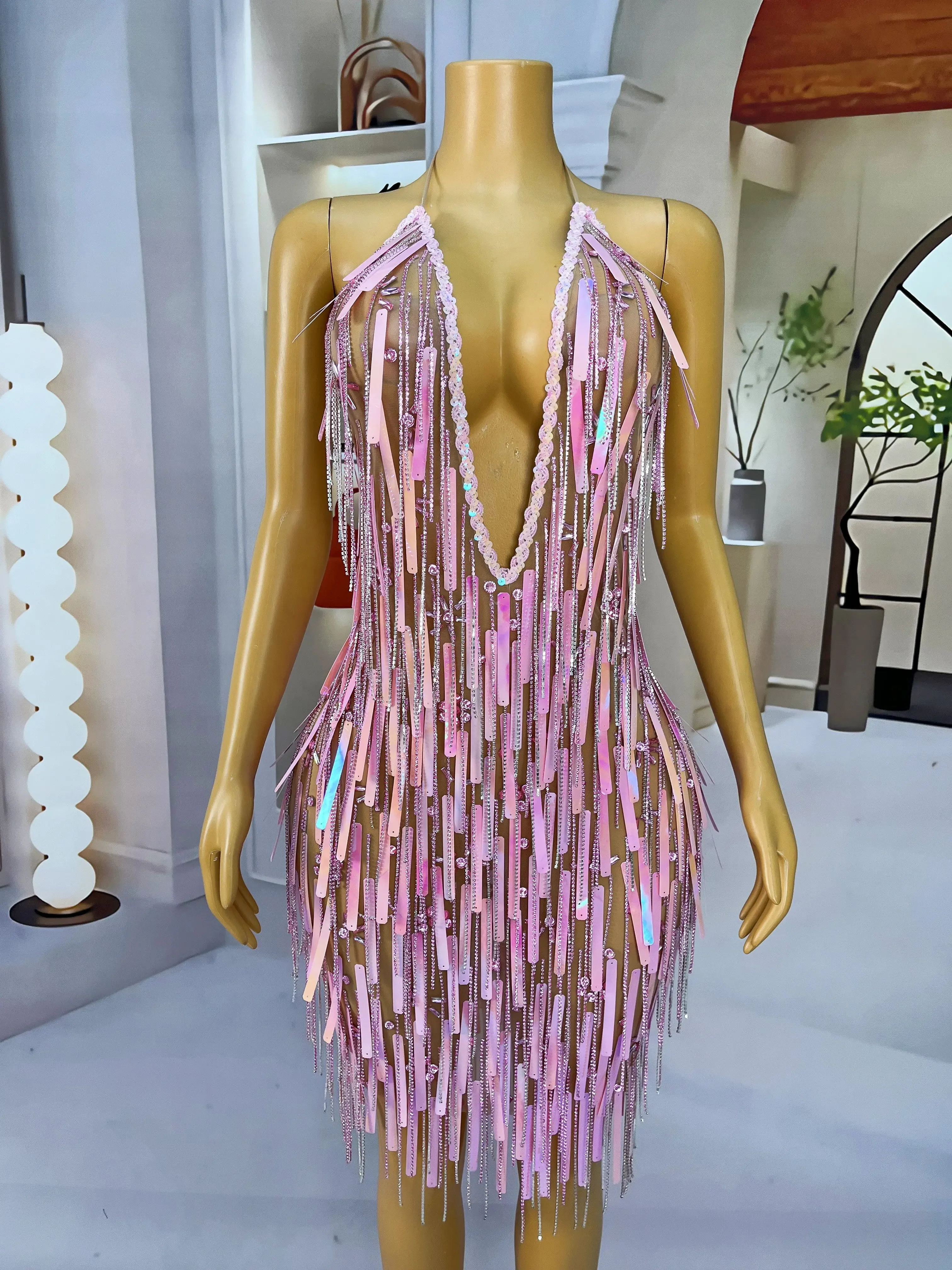 Birthday Evening Show Sexy Costume Handmade Flashing AB Pink Sequins Rhinestones Crystals Fringes Bandage Dress