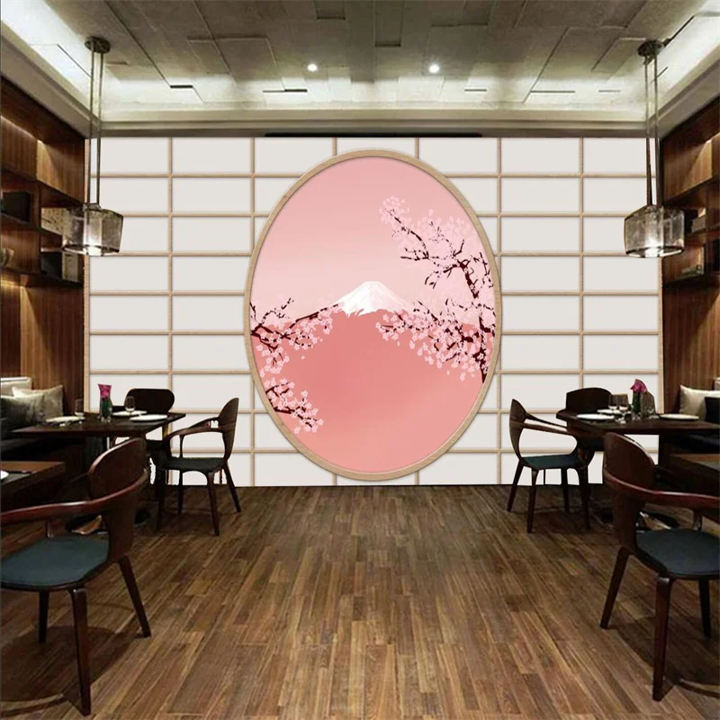 Custom Japanese Style Wooden Frame Background Wall Paper 3D Cherry Blossom Pink Tatami Decor Mural Wallpaper Papel De Parede 3d