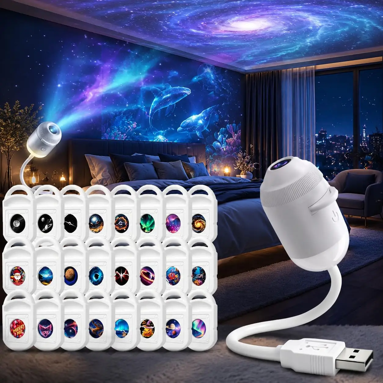 usbタッチナイトライト-4-in-1-ギャラクシースタープロジェクター、調光可能な星空ランプ、交換可能なスライド付き、車、寝室、バーの装飾に