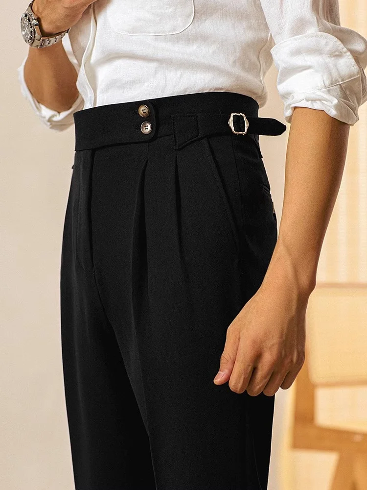 

Итальянские повседневные мужские брюки с высокой талией, прямого кроя, зауженные, для делового стиля, профессиональные, с эффектом драпировки, для поездок на работу, длинные