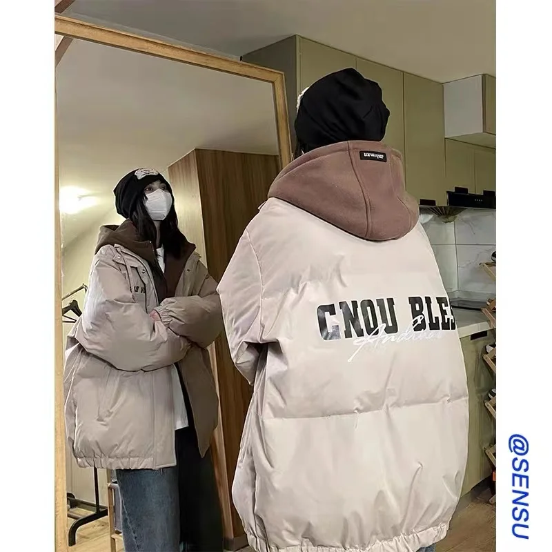 Chaqueta de plumón de pato con capucha para mujer, abrigo negro con letras, ropa de calle a prueba de viento, plumas gruesas, ropa de exterior de