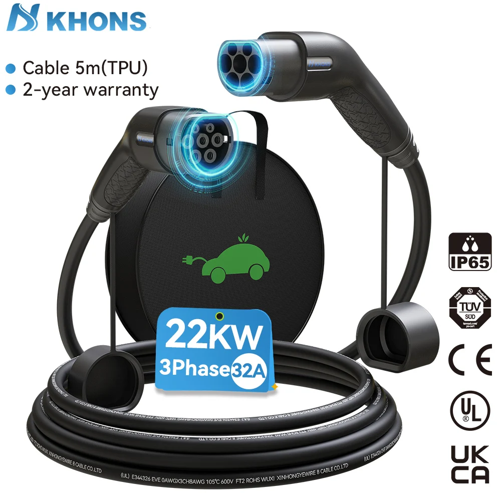 Khons EV Charging Cable Type2 To Type2 Charger Cable 22kw 32A EV Charger Female Plug To Male Plug EVSE Charging 5M TPU Cable