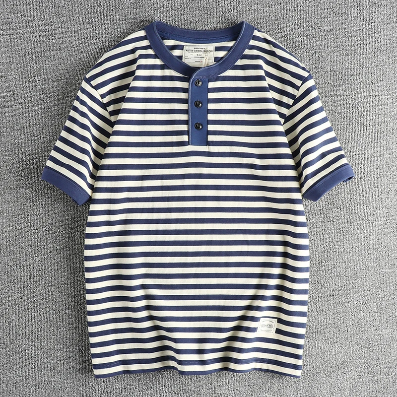 

Summer American Retro Short Sleeve Henry Collar Striped T-shirt Men's Simple 100% Cotton Washed Heavyweight Loose Casual Tops
