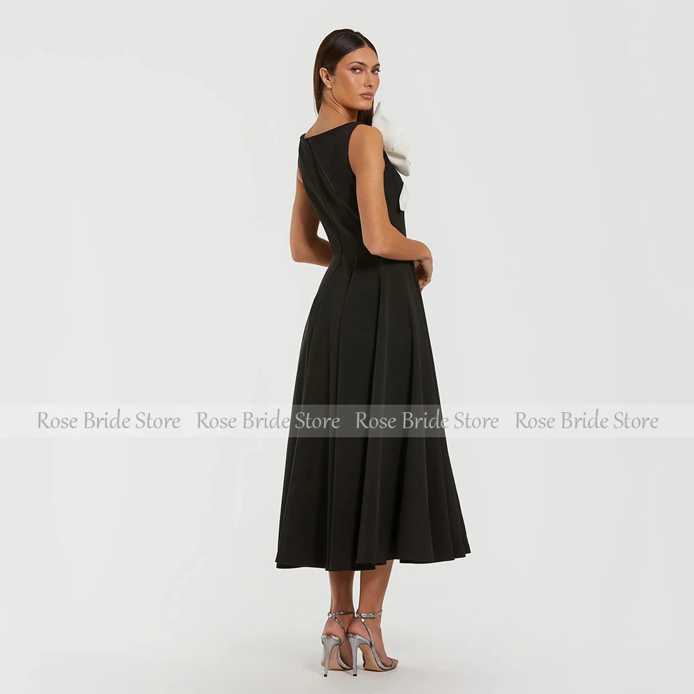 Customized Modern Party Dress Midi 3D Flower O Neck A Line Black Cocktail Gown Short Sleeveless Tea Length Women's Cocktail Gown