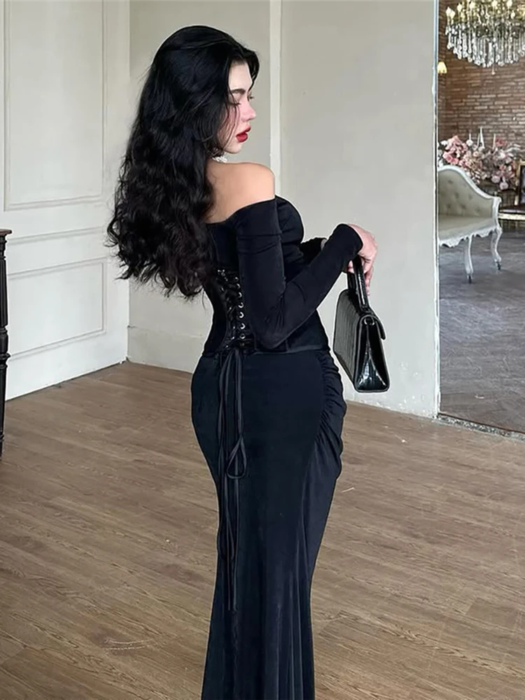 Raar Poes Sexy Shirring Jurk Vrouwen Patchwork Slash Hals Backless Volledige Mouw Elegante Vintage Stretch Skinny Avond Bodycon