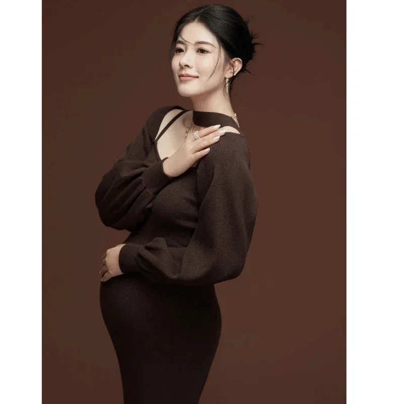 New Maternity Photography Skirt Autumn and Winter Elegant Knitting Dress Simple Daily Lantern Sleeve Coat+tight-fitting Dress