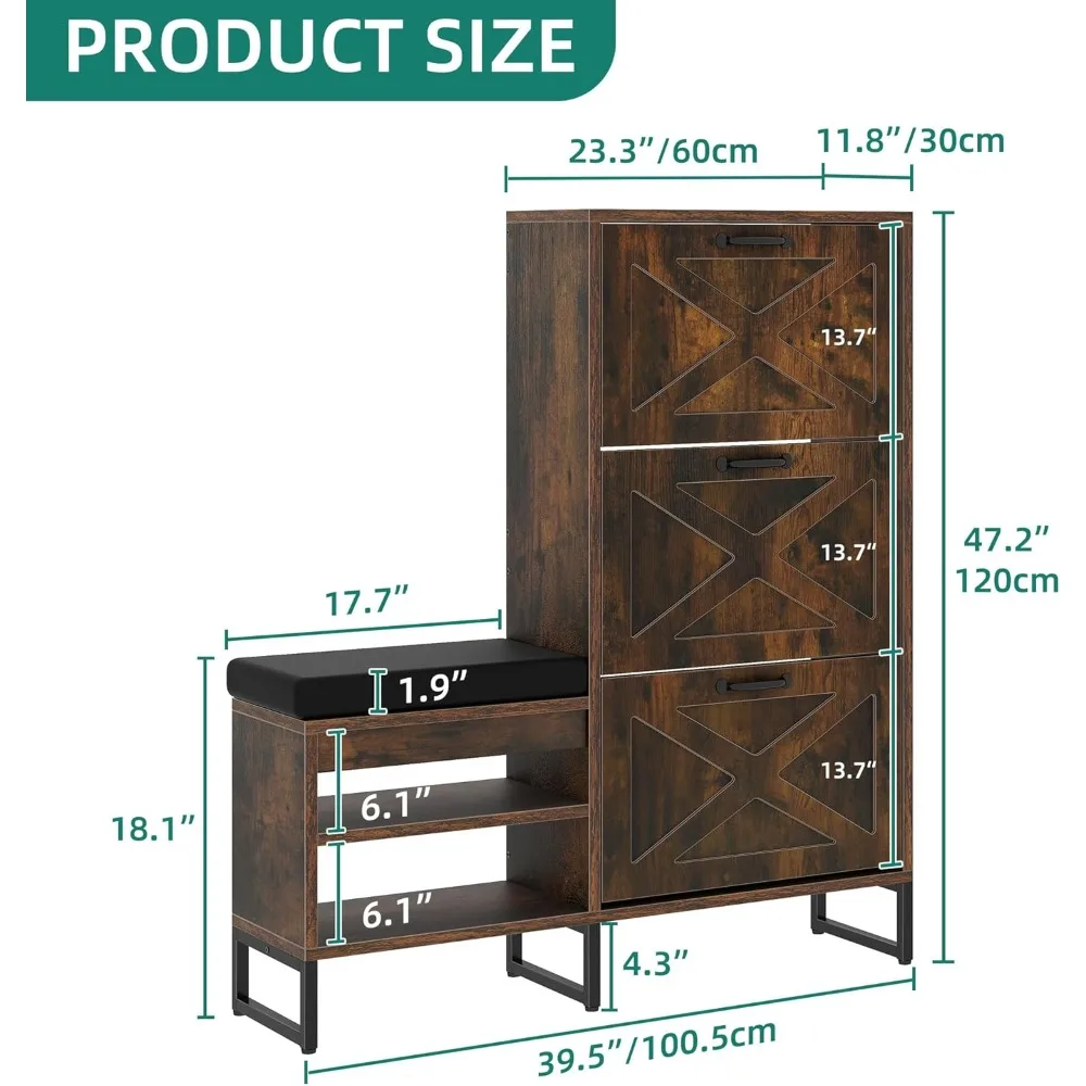 Armoire à chaussures avec 3 égouts à rabat et banc à chaussures, armoire de rangement pour chaussures minces et SAINT, entrée T1