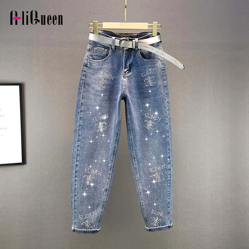 

Korean Vintage Streetwear Women Letter Beading Pencil Jeans Pants Femme Long Sequined Denim Pant Woman Trousers Plus Size