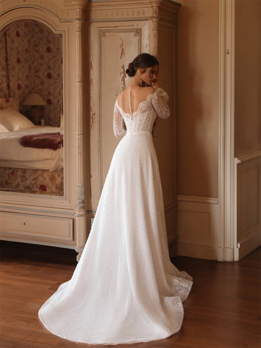 

Customized Elegant White Organza Wedding Dress Formal Scoop Long Sleeves Bridal Gowns Soft A-Line Court Train Vestido De Novia