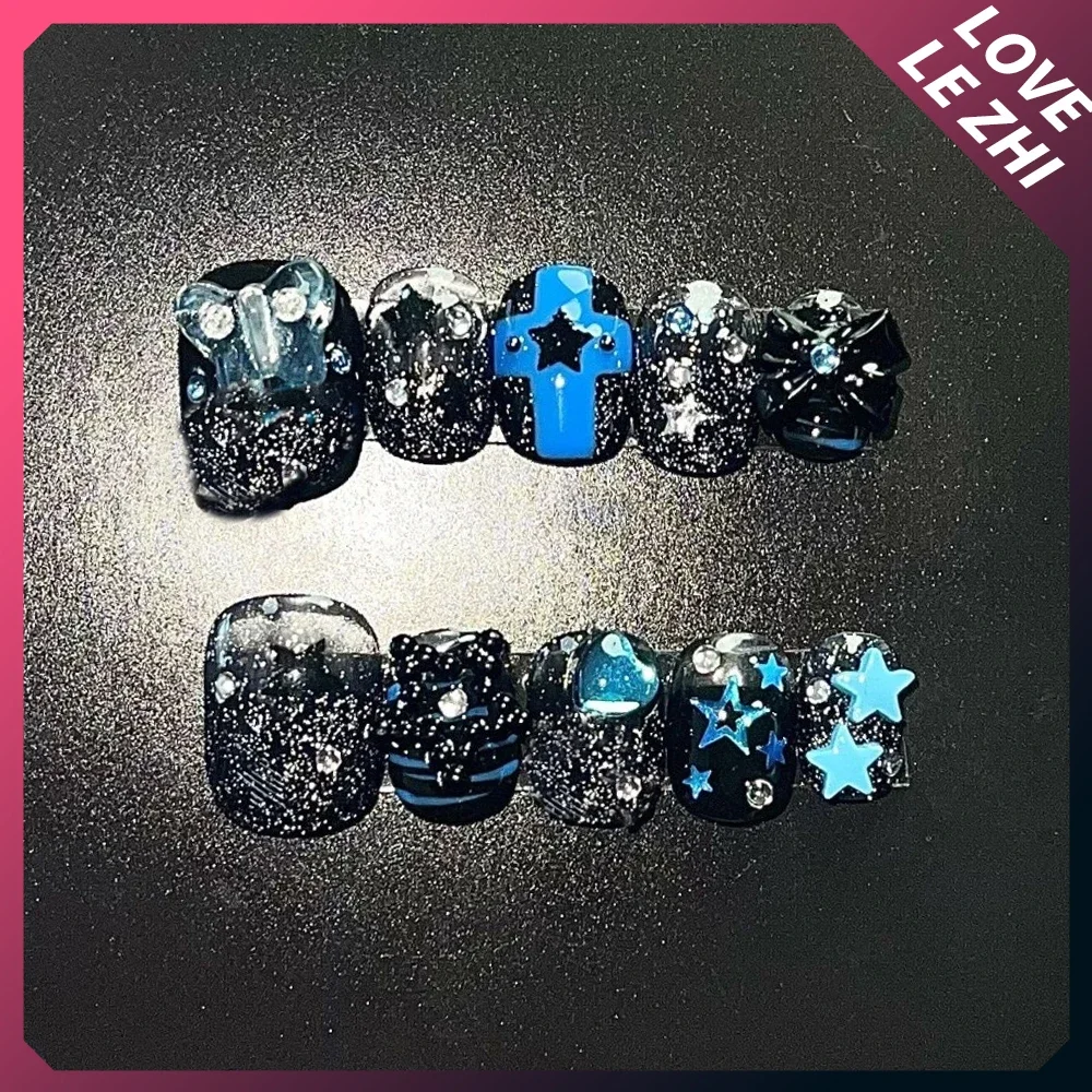 Y2K 10Pcs Sanrio Hello Kitty Mymelody Party Nail Sticker Spicy Girl Glitter Diamond Metal Lock Chain Acrylic Fake Nails Tips