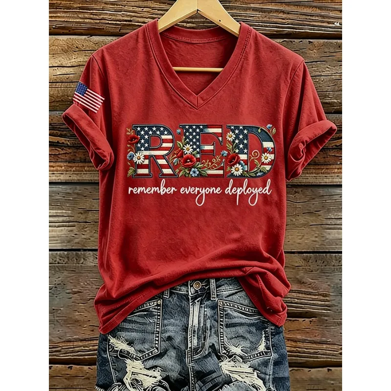 New Arrival Women's Red Friday Print T-Shirts Summer V Neck Tops Short Sleeve Casual Remember Everyone Deployed Tees