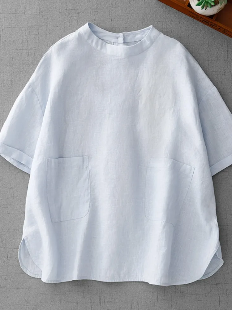 Simple  Color Cotton Linen ort Sve T-irt Women Summer Casual round Ne Overhead Slimming Linen Top