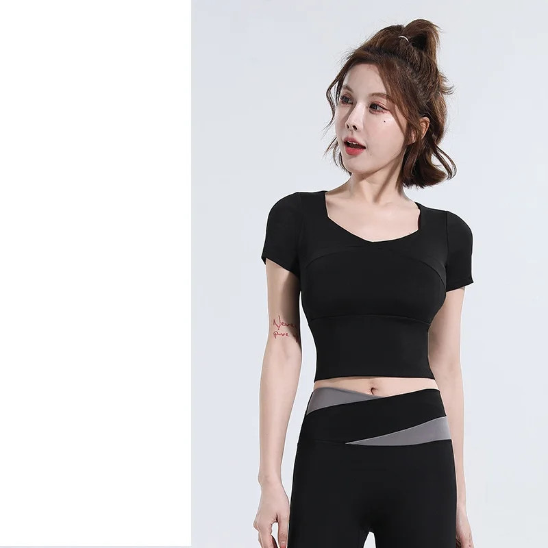 

New short sleeve high waist hip lifting color-block yoga pants tight abdomen quick-drying fitness suit women